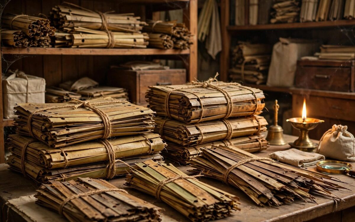 Ancient Indian manuscripts and palm leaf texts in a library