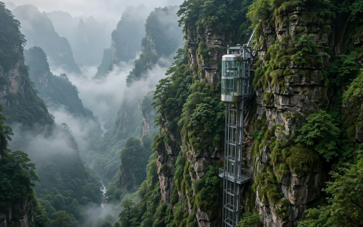 Glass elevator rising along a dramatic cliff face in a Chinese canyon