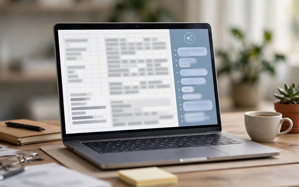 Computer screen with document and AI assistant sidebar concept
