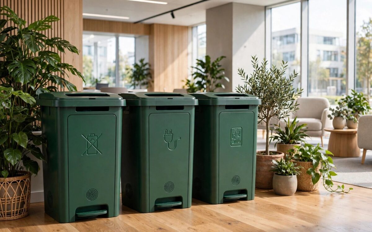 Electronic waste collection bins at a government office drive