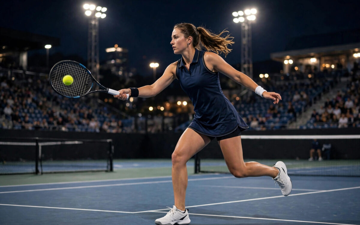 Coco Gauff playing a backhand at a tennis tournament