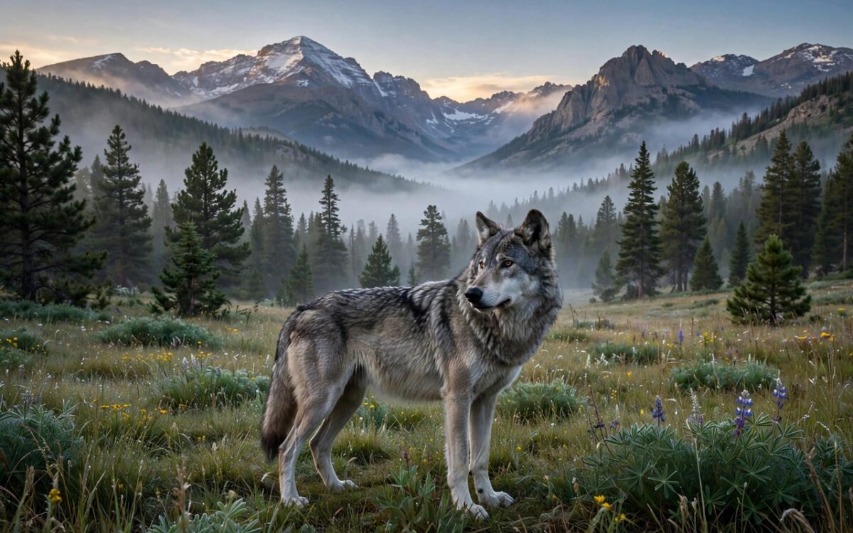 alt: A gray wolf in Colorado's mountain landscape