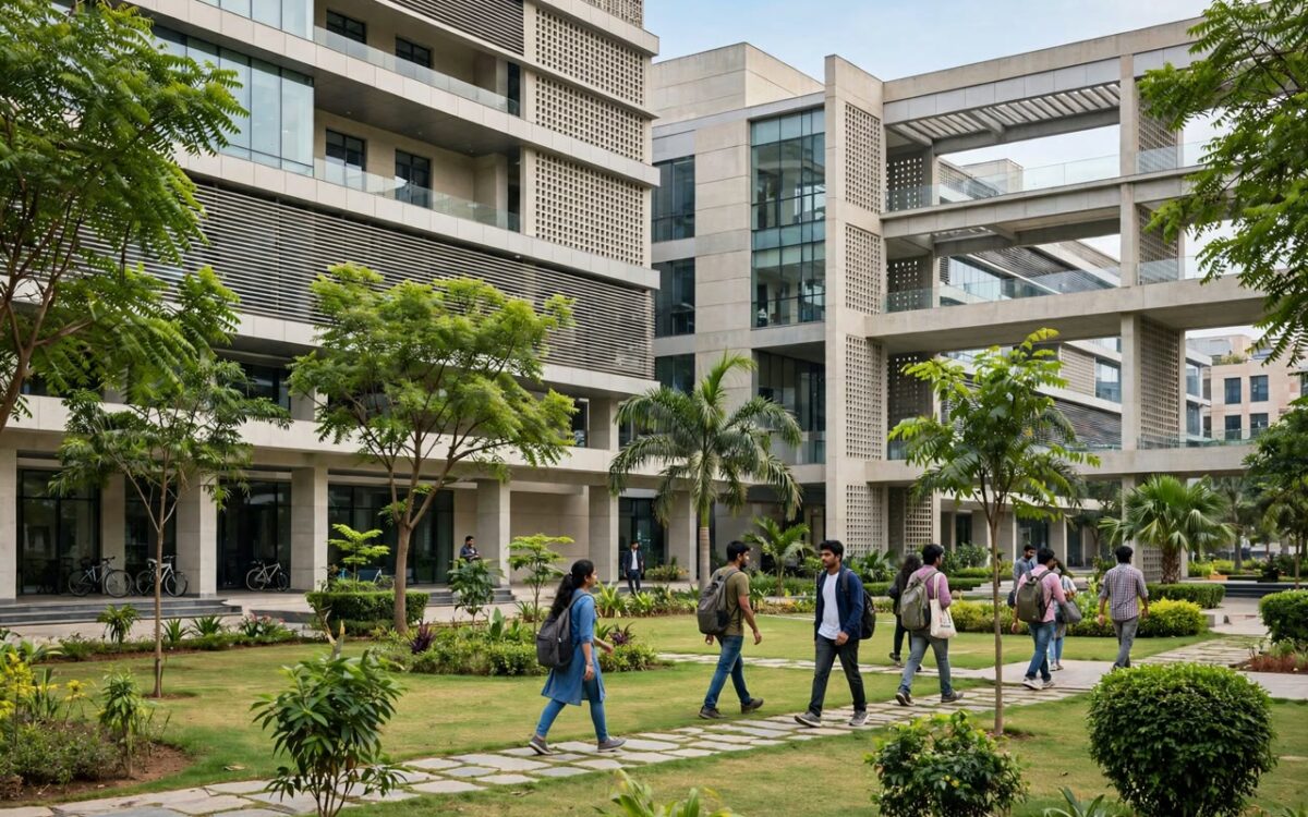 Modern university campus building in Hyderabad, students walking