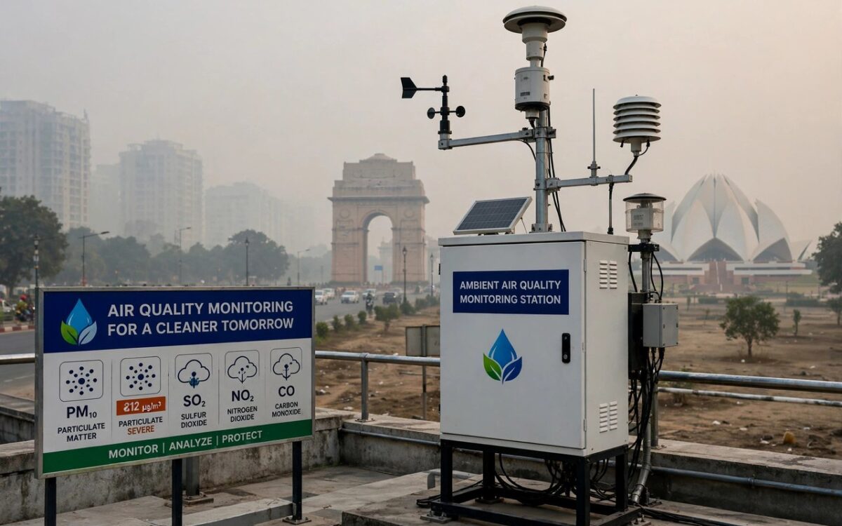 Delhi skyline with haze and an air quality monitoring station in the foreground