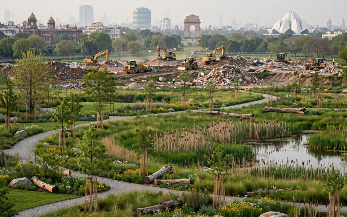 Delhi landfill site with processing machinery