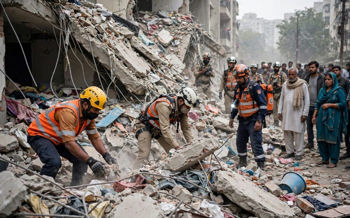 Rescue workers at the site of the collapsed building in New Seemapuri, Delhi