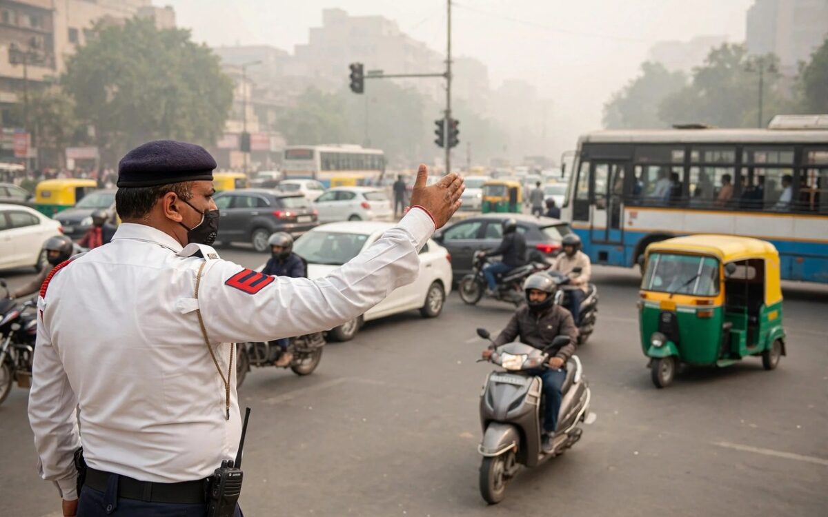 Traffic police managing vehicles on a busy Delhi road