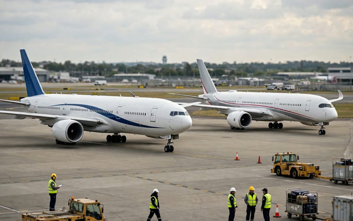 Two large passenger jets on an airport taxiway at Los Angeles airport