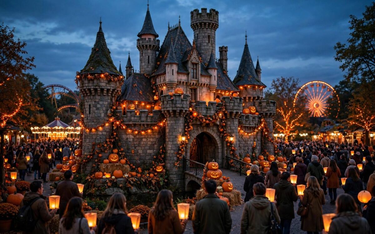 Sleeping Beauty Castle at Disneyland Paris at dusk
