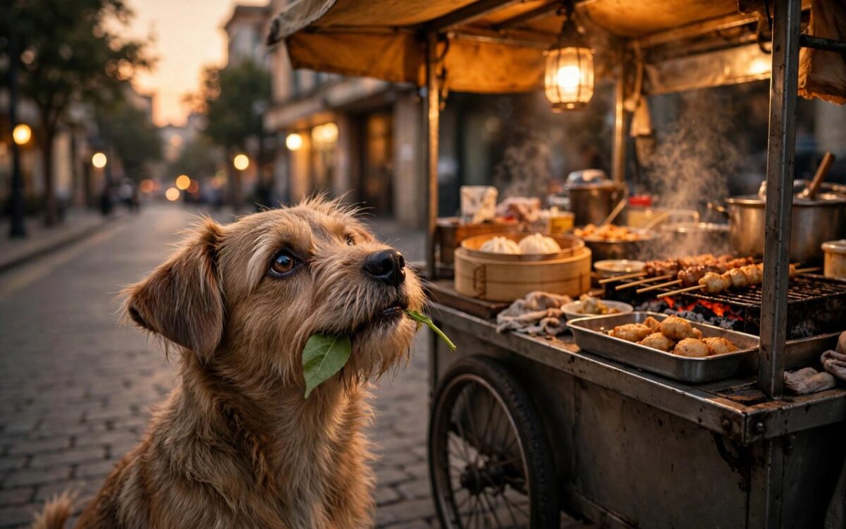 Dog tries to buy food with a leaf after watching customers