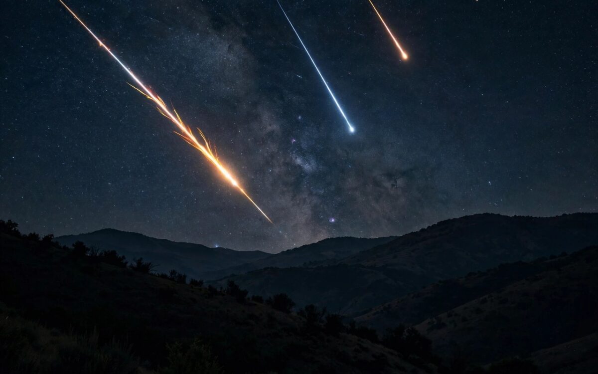 Meteors streaking across a dark night sky