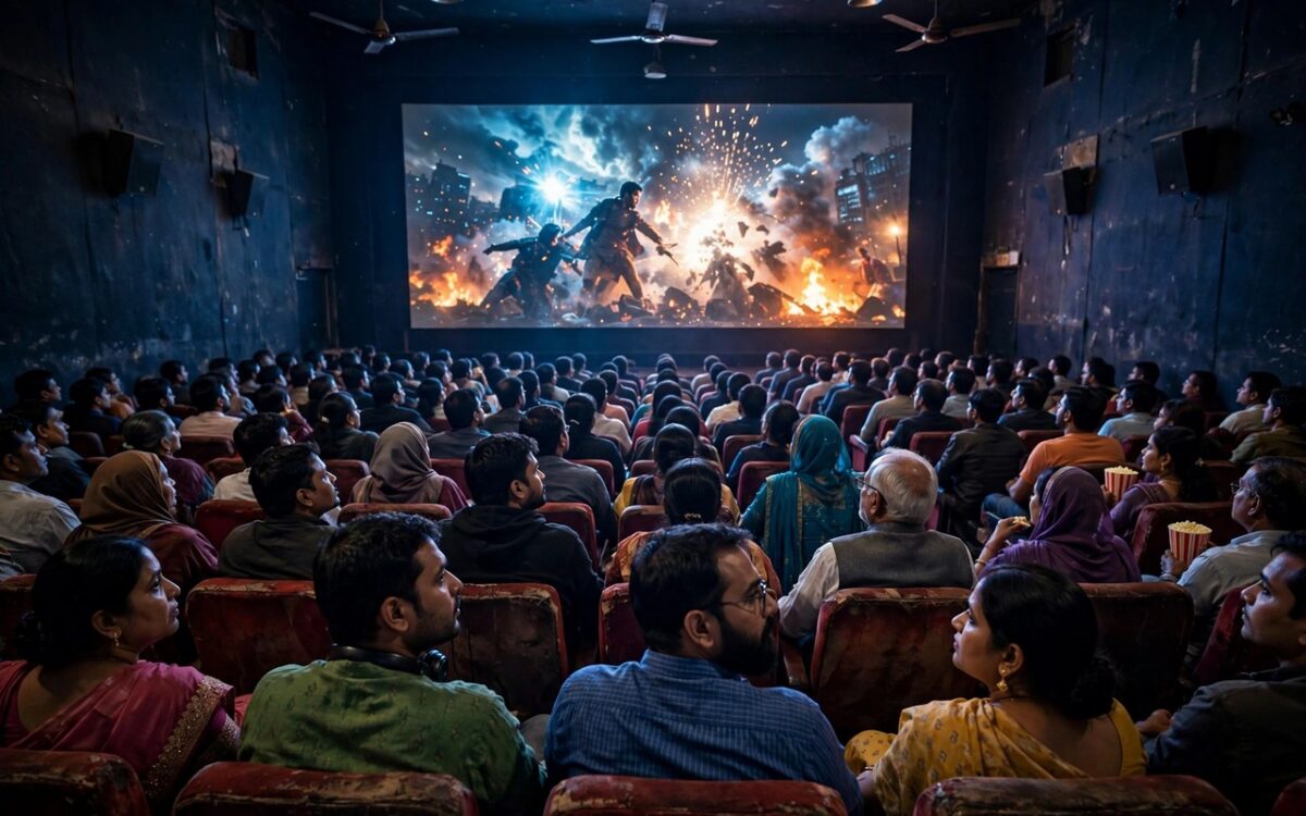 Audience watching a film in a crowded cinema hall