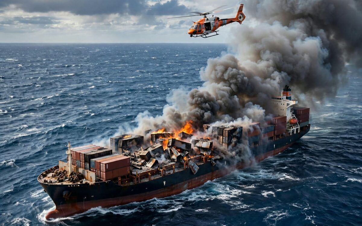 Cargo ship burning in the Black Sea with rescue helicopter overhead