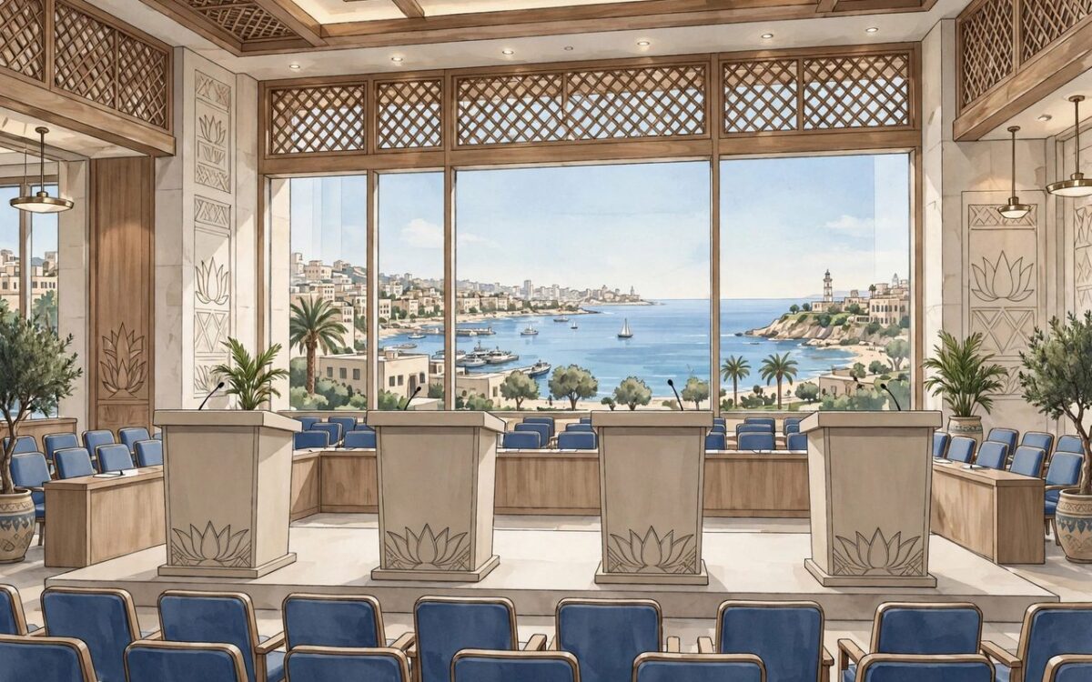 Illustration of diplomatic summit hall in Egypt
