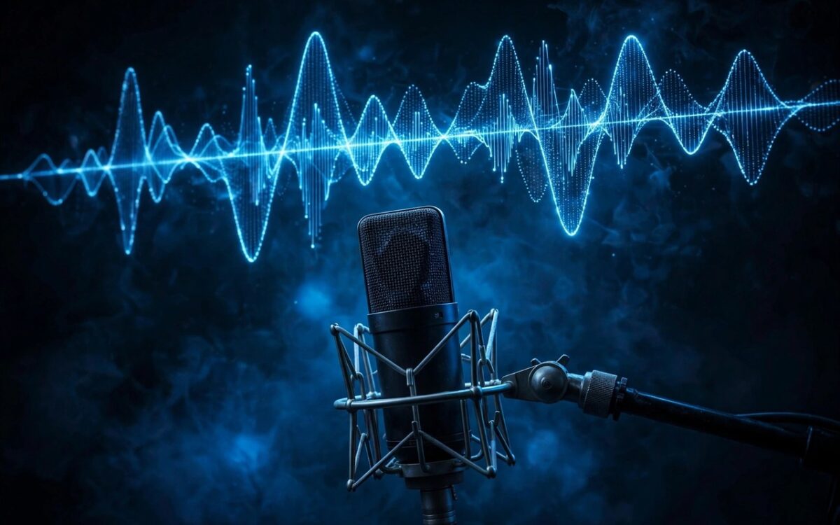 Voice AI concept with sound waves and microphone