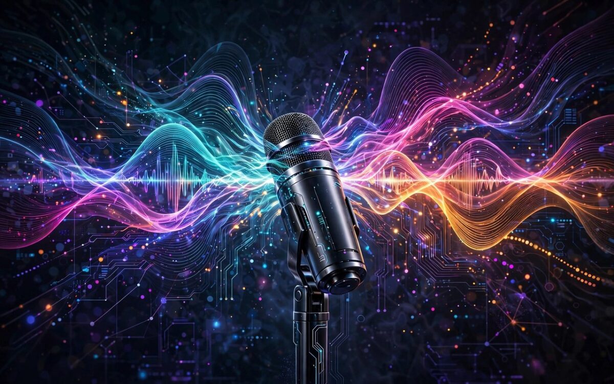 AI voice technology concept with sound waves and Indian languages