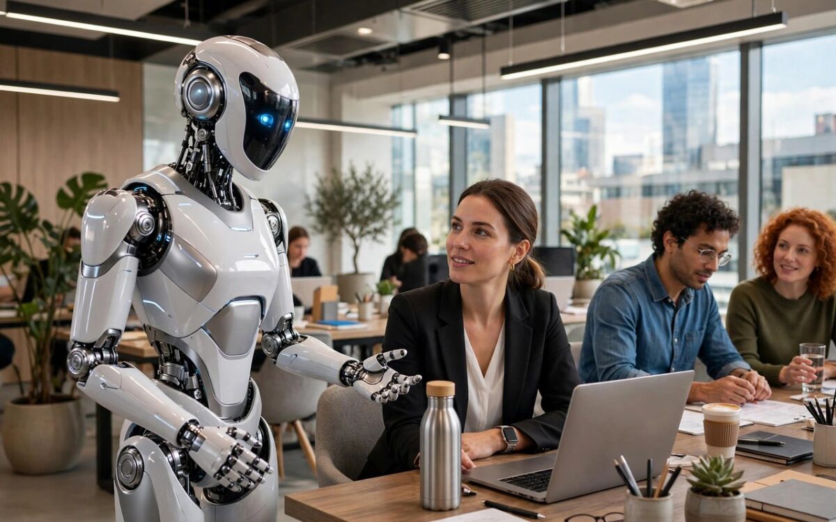 AI robot assistant working alongside humans in a modern office
