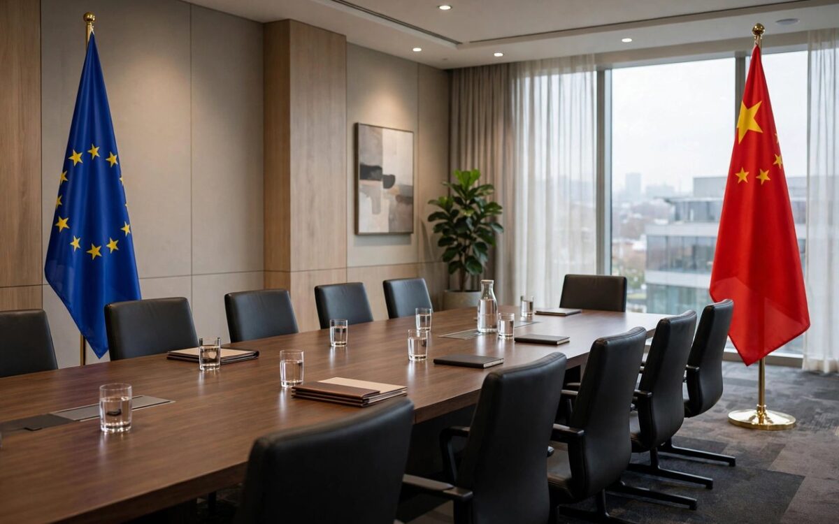 Trade talks conference table with flags