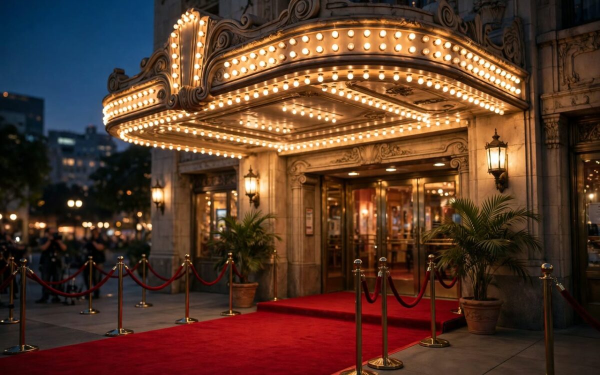 Classic film premiere red carpet with vintage Hollywood marquee lights