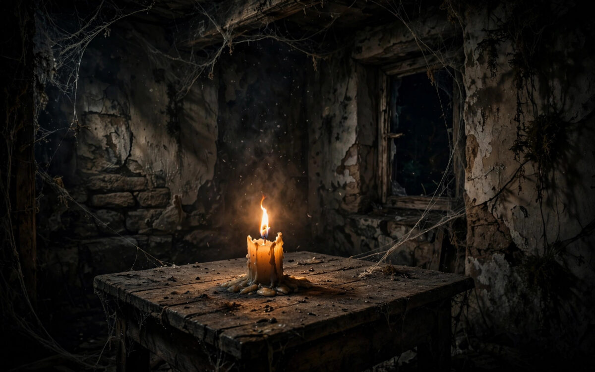 Dark horror movie scene with a flickering candle