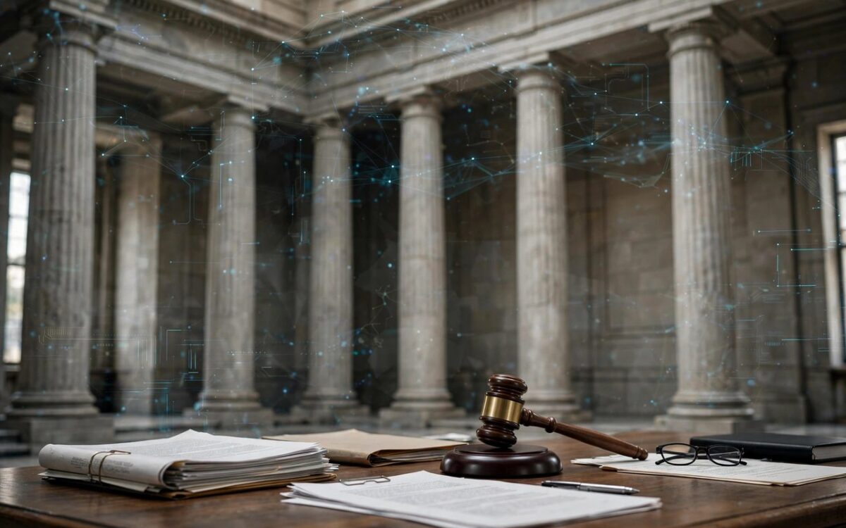 Courthouse columns with gavel and documents