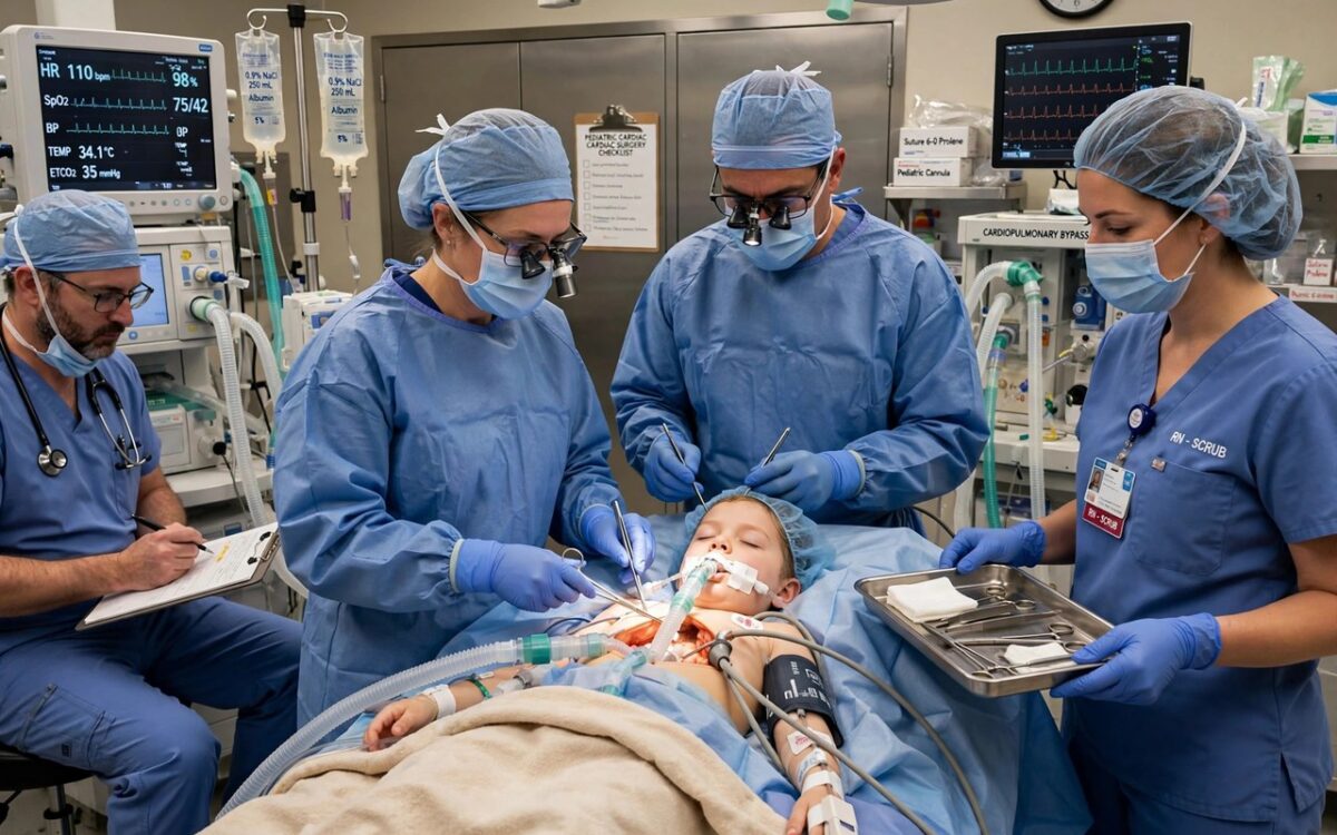 Pediatric cardiac surgeon team in an operating room during heart surgery