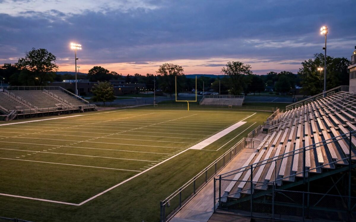 High school football field at dusk