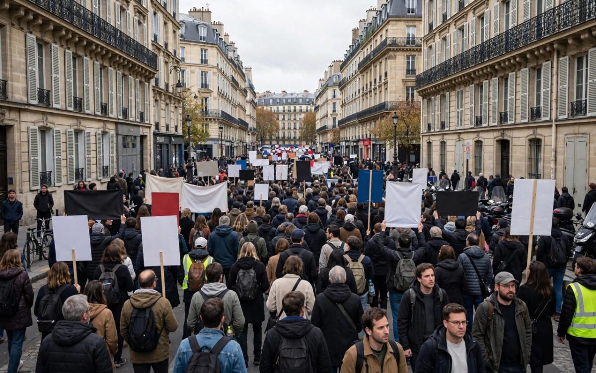 Protesters marching through Paris streets with banners