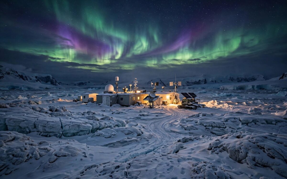 Antarctic ice landscape with research station