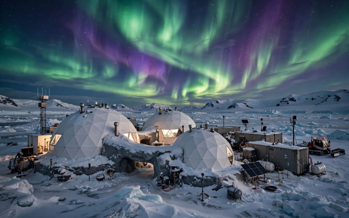 Antarctic research station under aurora