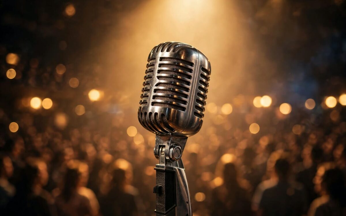 Vintage concert microphone on a stage with warm spotlight