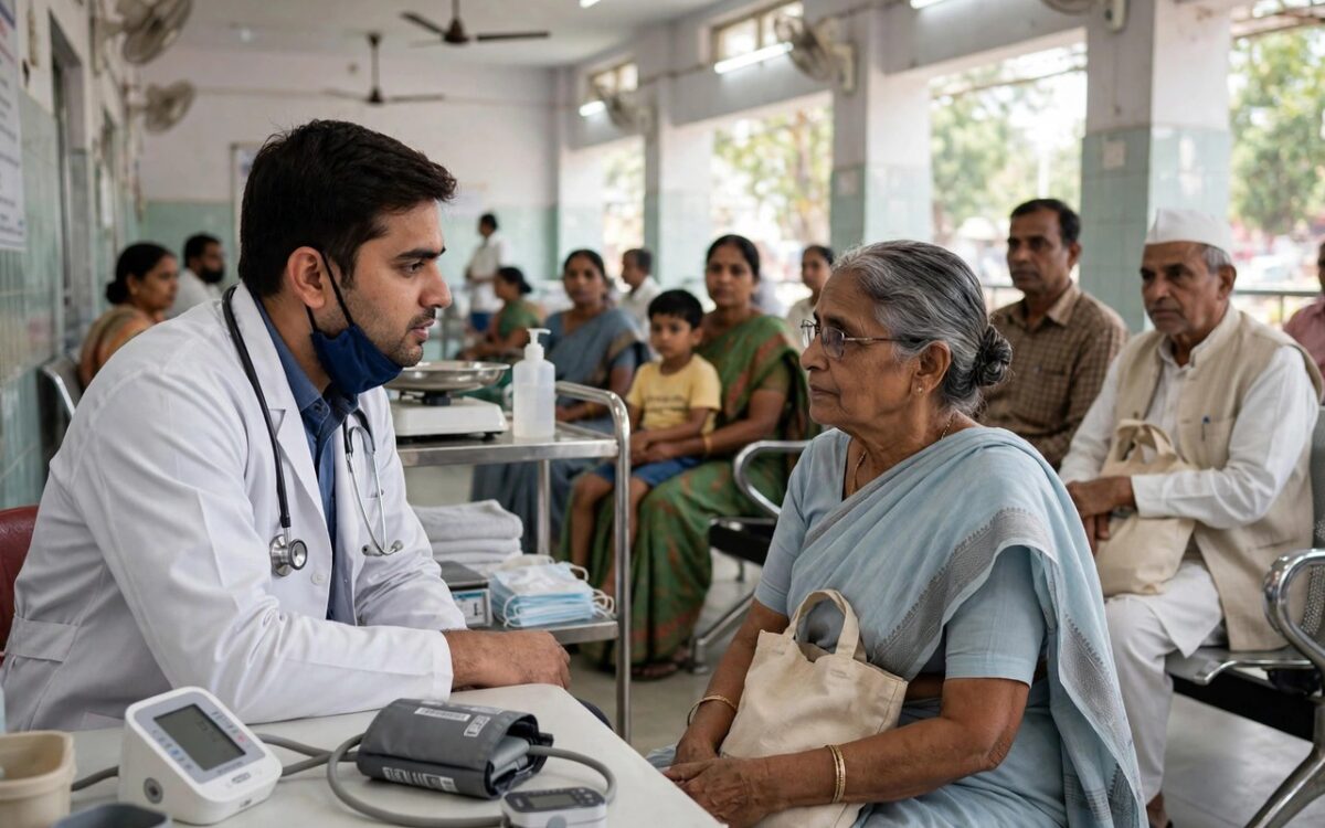 Doctor conducting a health screening camp at an Indian hospital