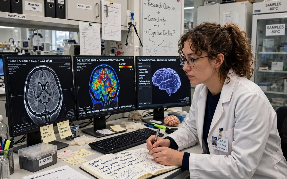 Scientist reviewing brain scan data in a medical research laboratory