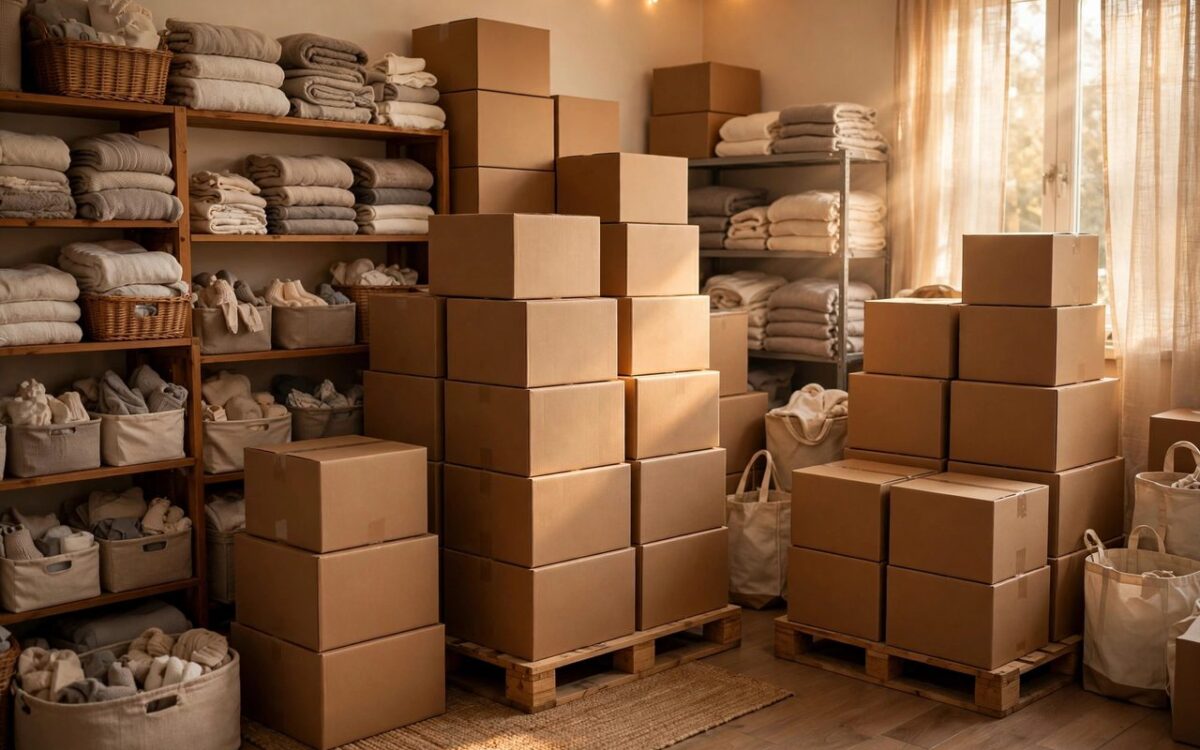 Donated baby diapers stacked in boxes