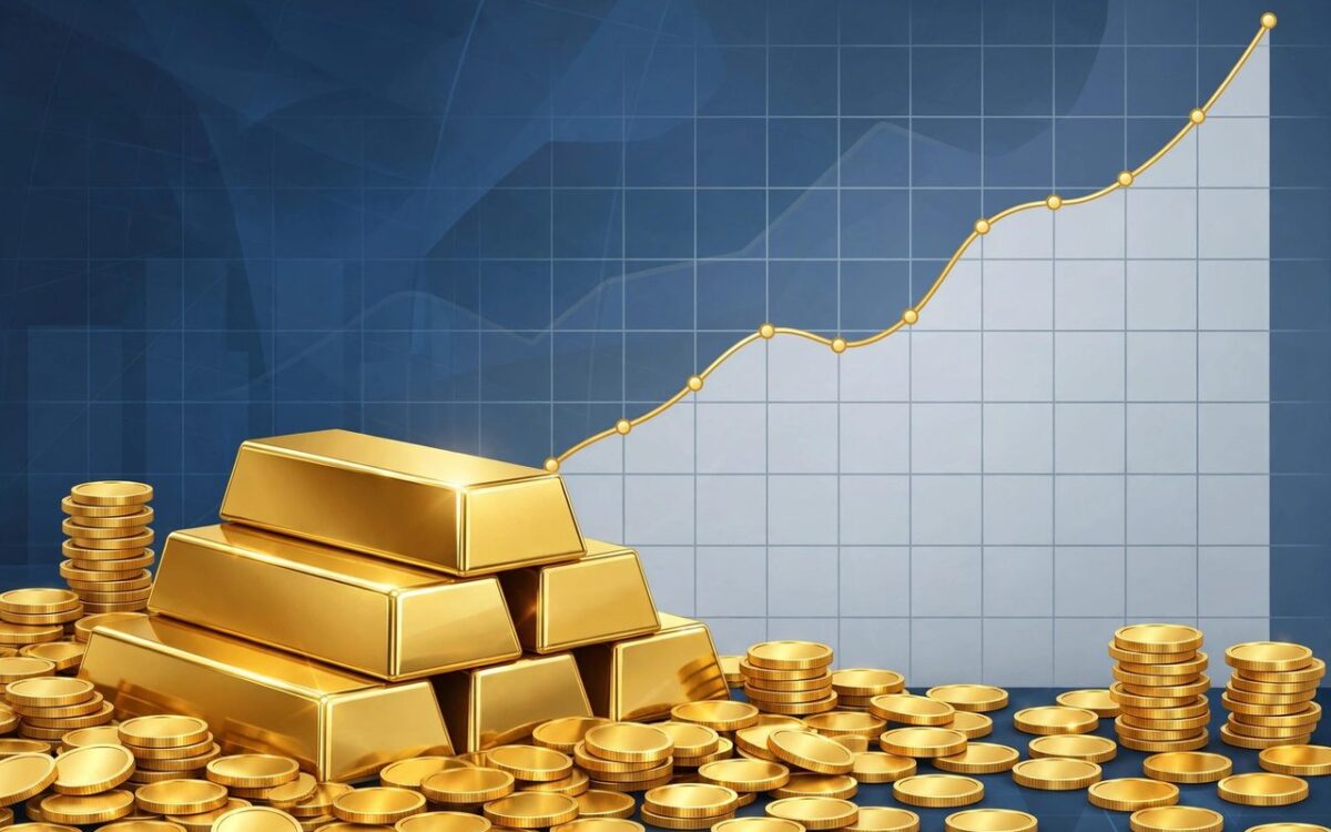 Illustration of gold bars with rising chart