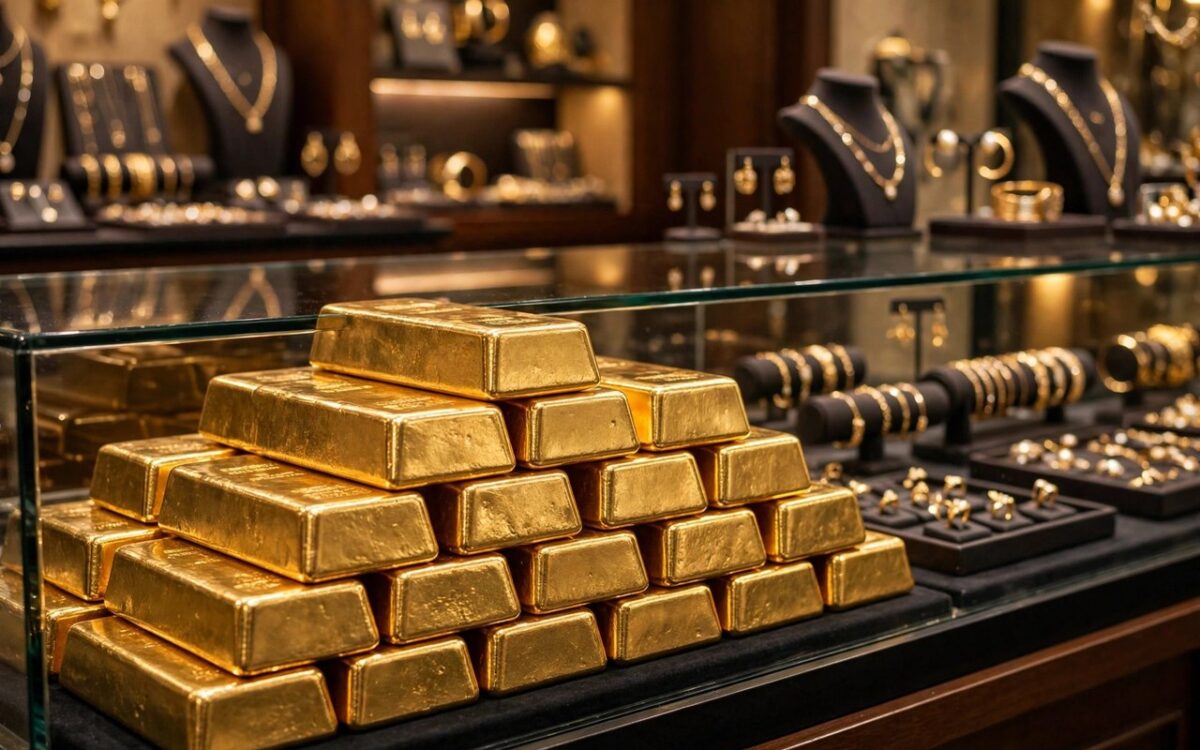 Gold bars and jewellery displayed at a bullion shop
