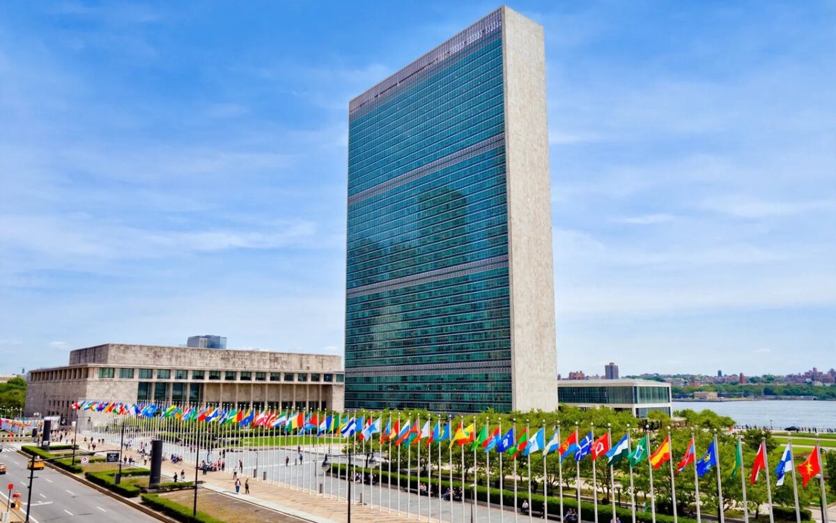 United Nations headquarters with flags