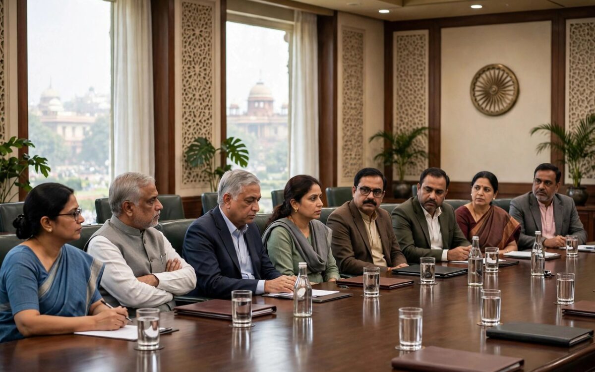 GST Council meeting hall with officials seated around a conference table