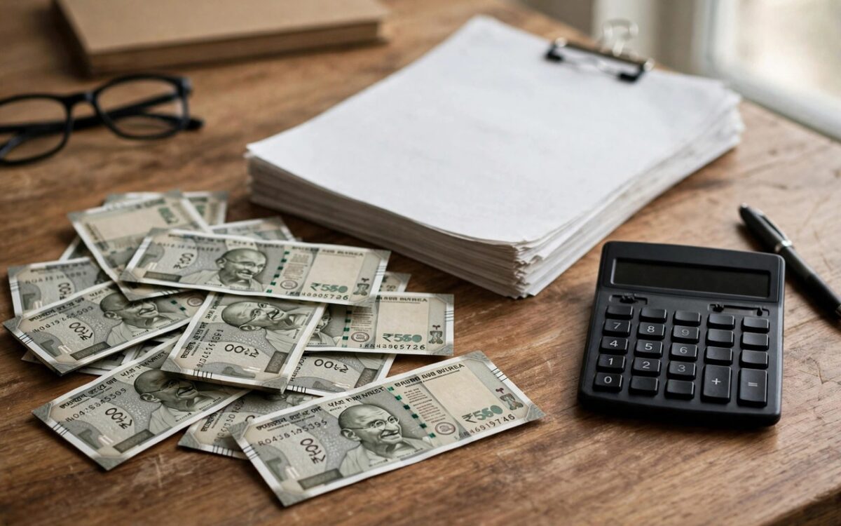 Indian currency and tax documents on a desk