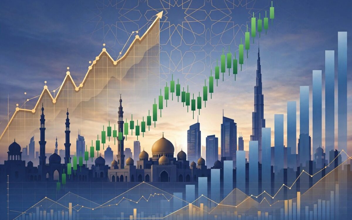 Illustration of rising Gulf stock market charts