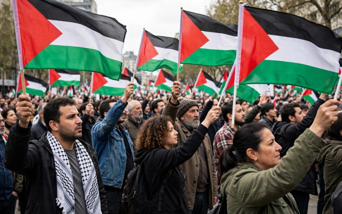 Palestinian flags at a political rally