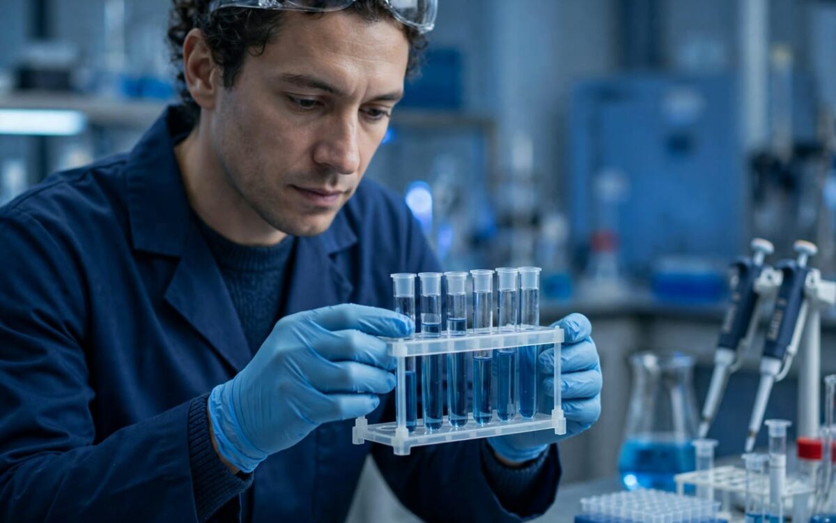 Laboratory scientist holding HIV test samples for analysis