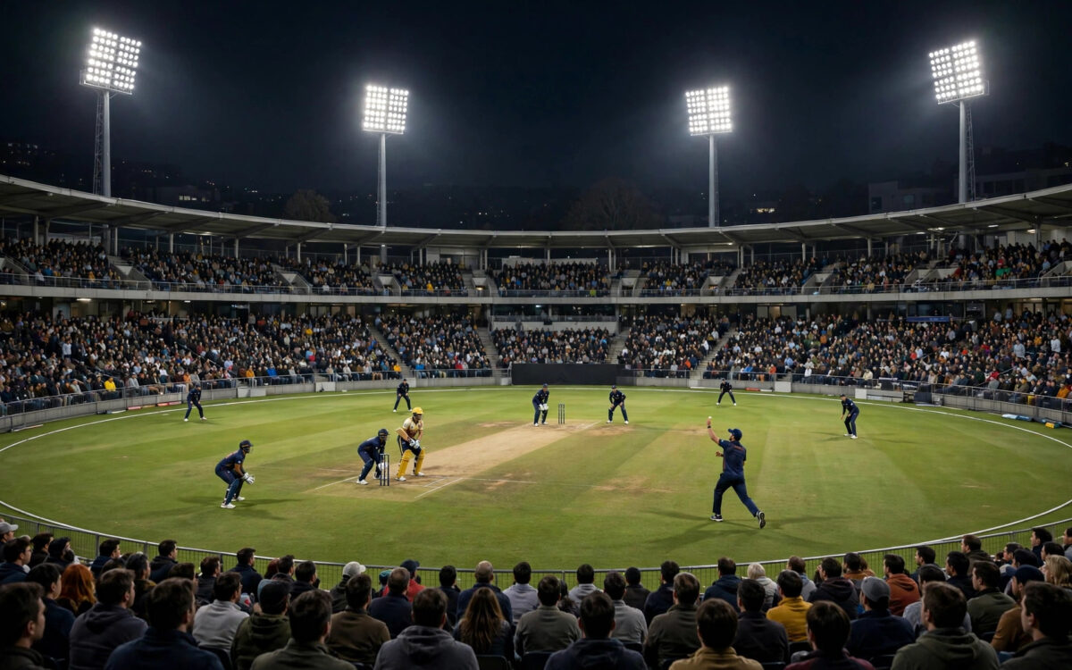 Cricket stadium under floodlights during a T20 match