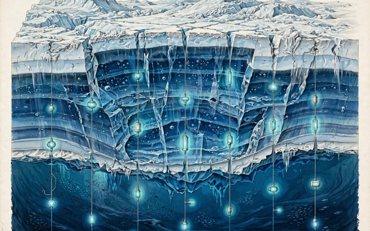 Deep Antarctic ice with glowing sensor strings