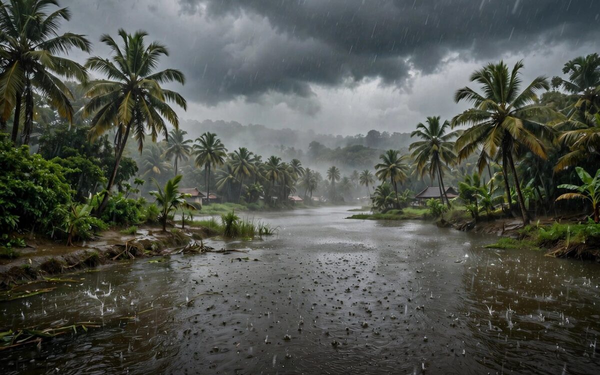 Heavy monsoon rain over Kerala backwaters