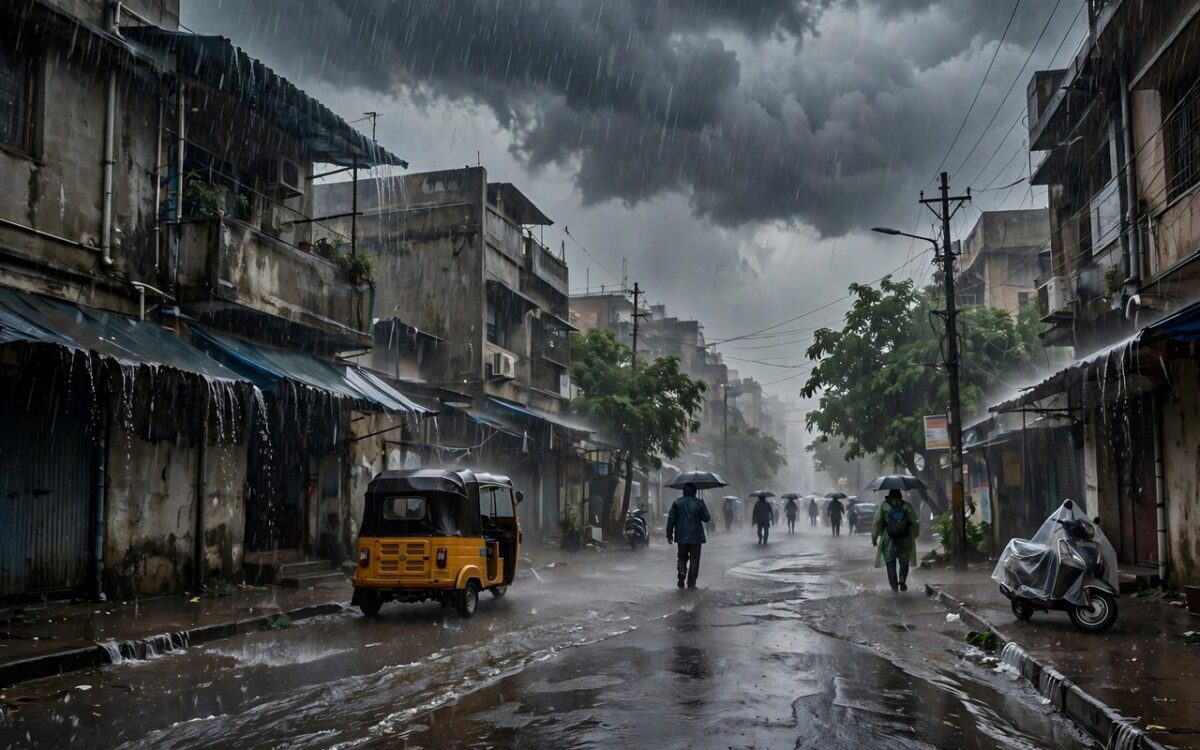 Heavy monsoon rain falling over a city street with dark clouds