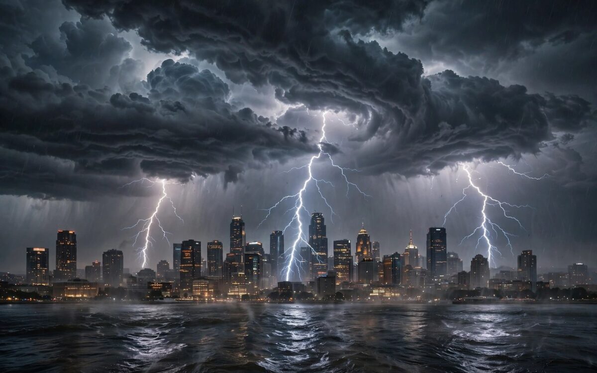 Dark monsoon clouds with lightning over a city
