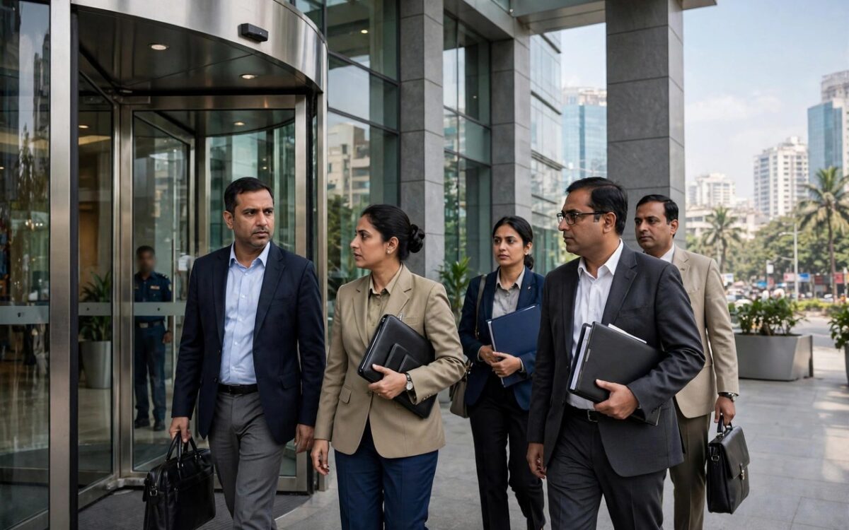 Income Tax officials at a corporate office building in Mumbai during search operations