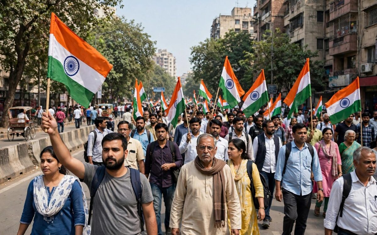 Opposition leaders marching with flags during a protest in New Delhi