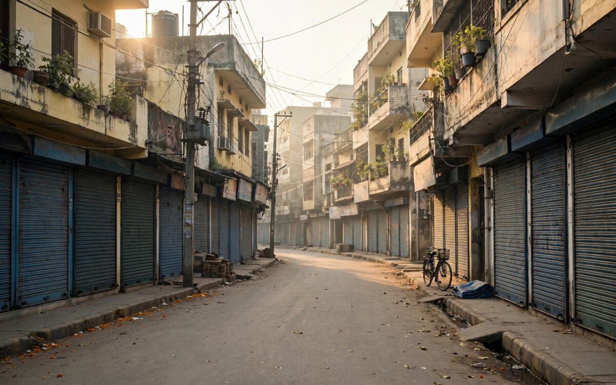 Closed shops on an empty street during a bandh in Odisha